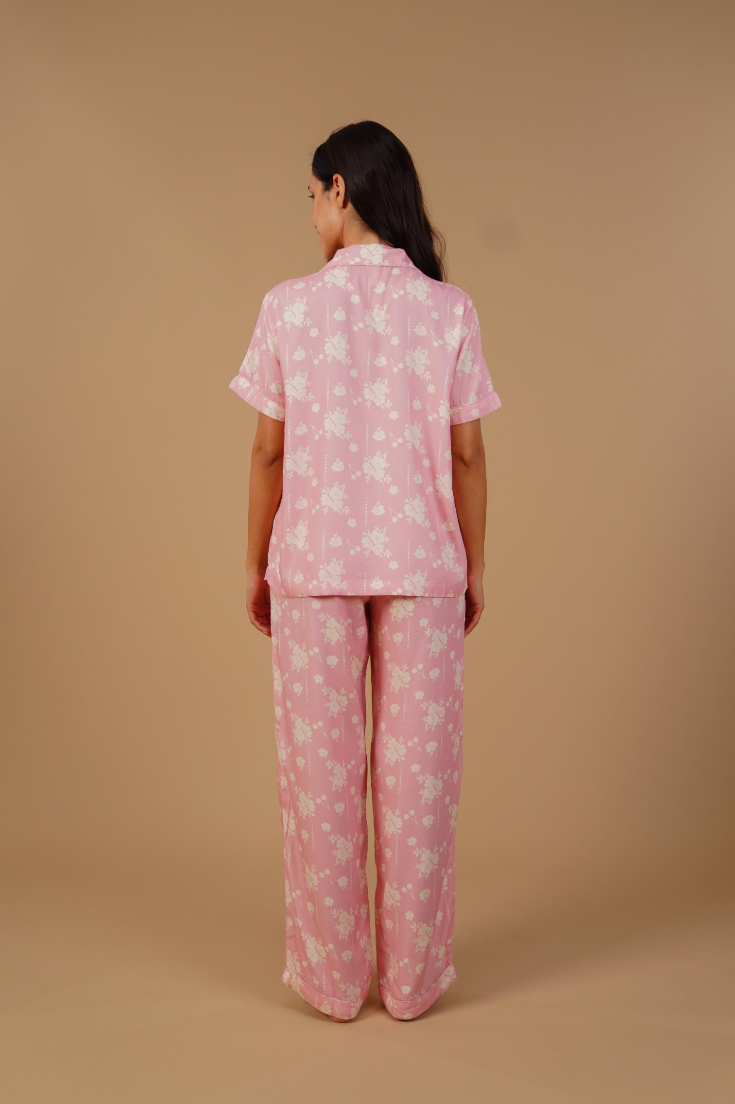 Pink Blossom Floral Printed Viscose Twill Women's Pajama Set - Half Sleeves