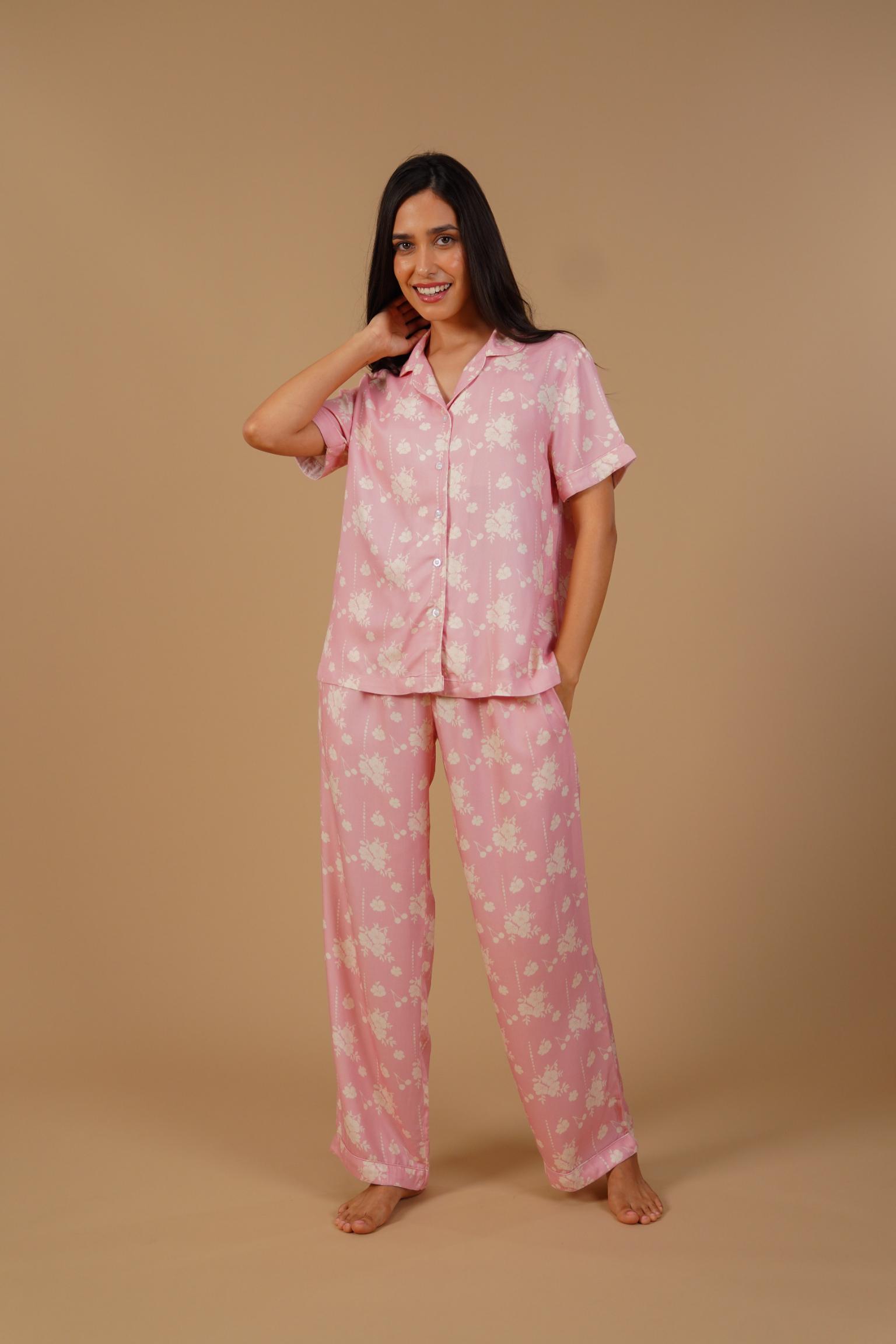 Pink Blossom Floral Printed Viscose Twill Women's Pajama Set - Half Sleeves