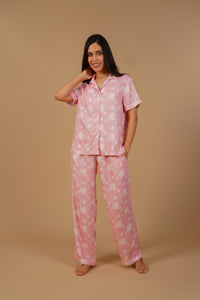 Pink Blossom Floral Printed Viscose Twill Women's Pajama Set - Half Sleeves