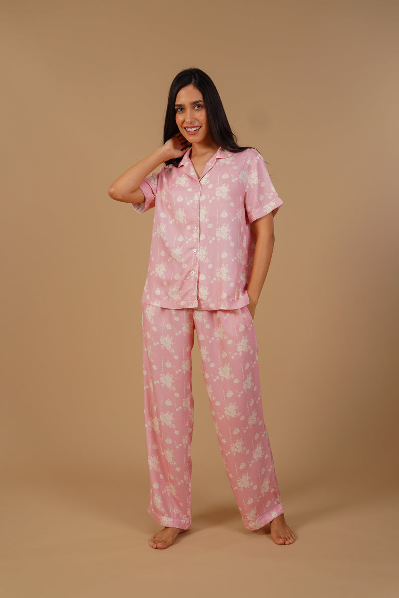 Pink Blossom Floral Printed Viscose Twill Women's Pajama Set - Half Sleeves