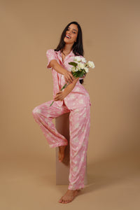 Pink Blossom Floral Printed Viscose Twill Women's Pajama Set - Half Sleeves