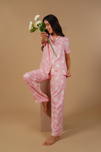 Pink Blossom Floral Printed Viscose Twill Women's Pajama Set - Half Sleeves