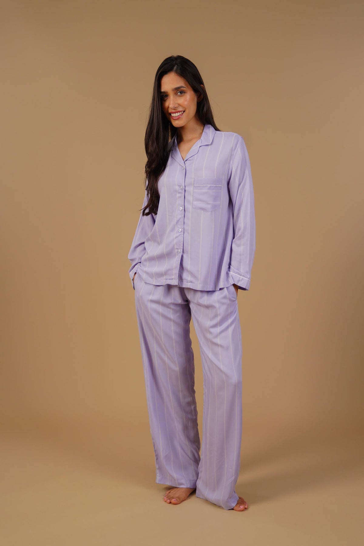 Donna Lilac Stripe Viscose Women's Pajama Set - Full Sleeves