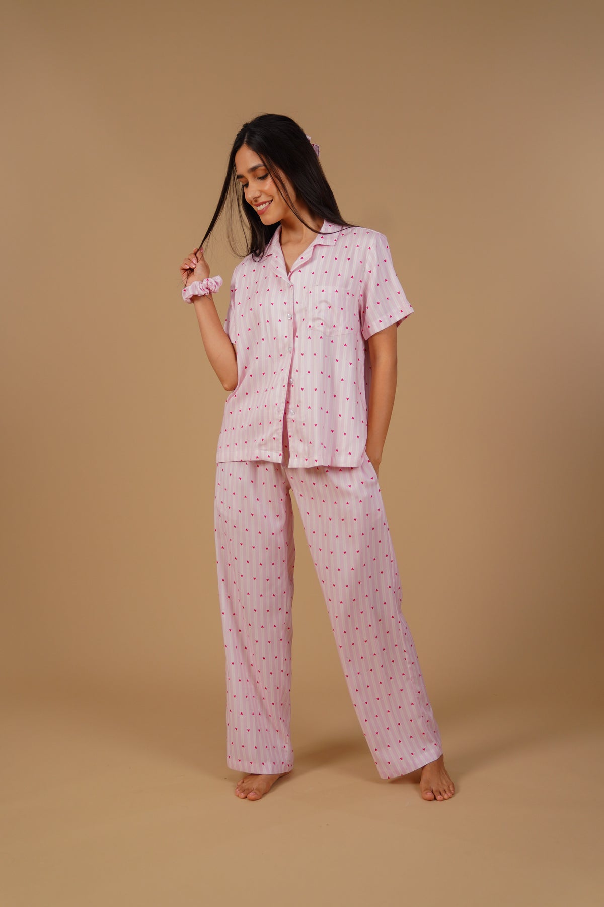 Alice Heart Printed Viscose Twill Women's Pajama Set - Half Sleeves