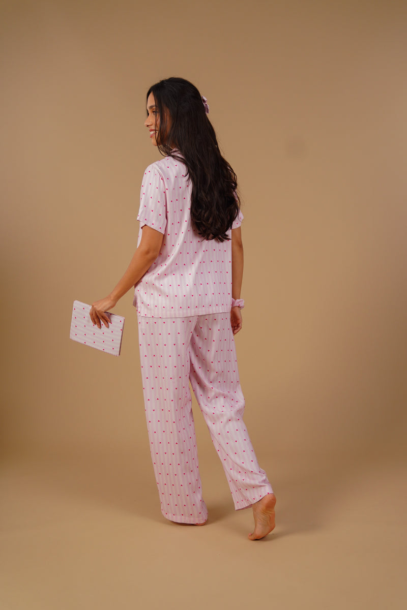 Alice Heart Printed Viscose Twill Women's Pajama Set - Half Sleeves