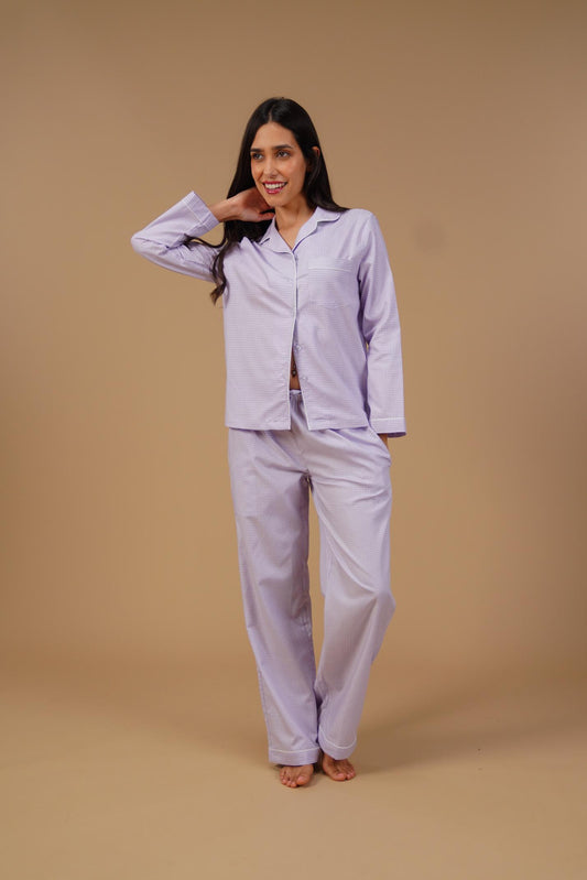 Nora Pin Check Cotton Women's Pajama Set - Full Sleeves