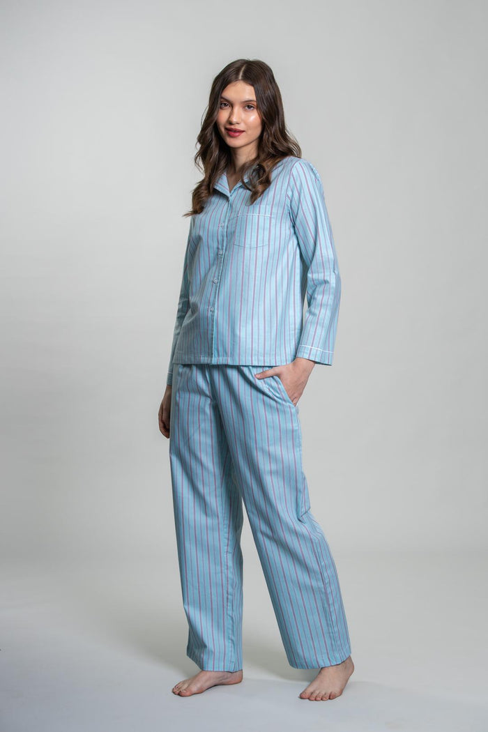 Tiffany Blue Twill Stripe Cotton Women's Pajama Set- Full Sleeves