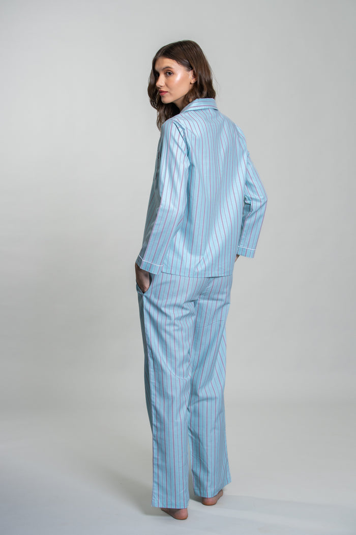 Tiffany Blue Twill Stripe Cotton Women's Pajama Set- Full Sleeves