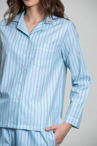 Tiffany Blue Twill Stripe Cotton Women's Pajama Set- Full Sleeves