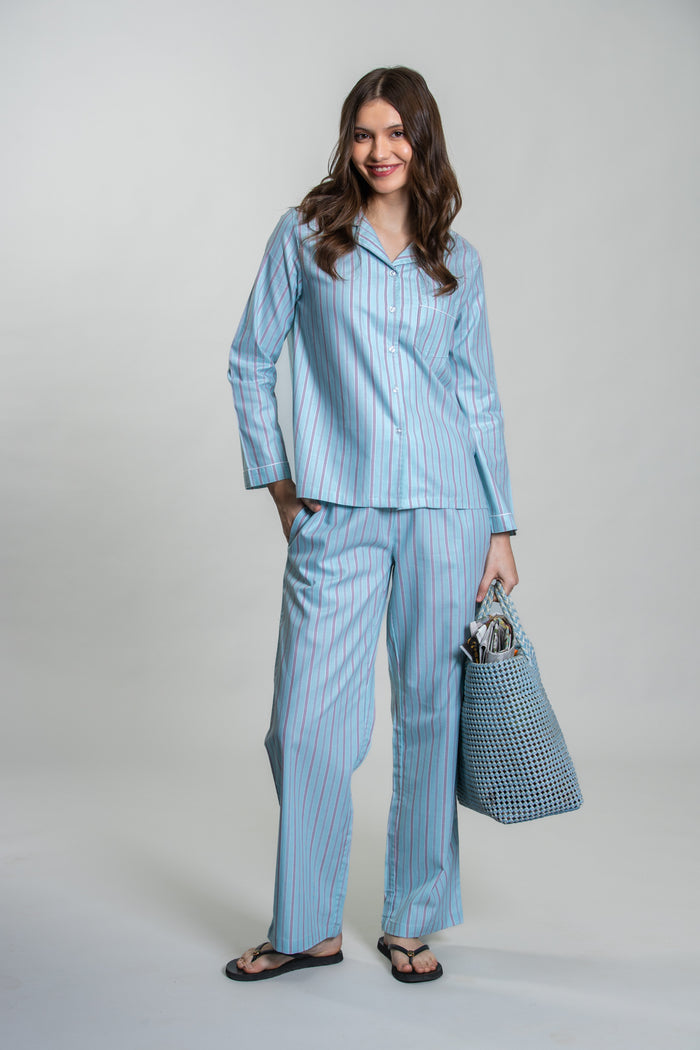 Tiffany Blue Twill Stripe Cotton Women's Pajama Set- Full Sleeves