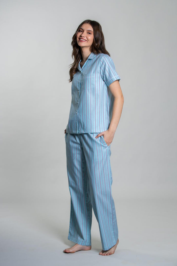Tiffany Blue Twill Stripe Cotton Women's Pajama Set- Half Sleeves