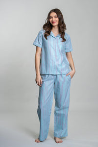 Tiffany Blue Twill Stripe Cotton Women's Pajama Set- Half Sleeves