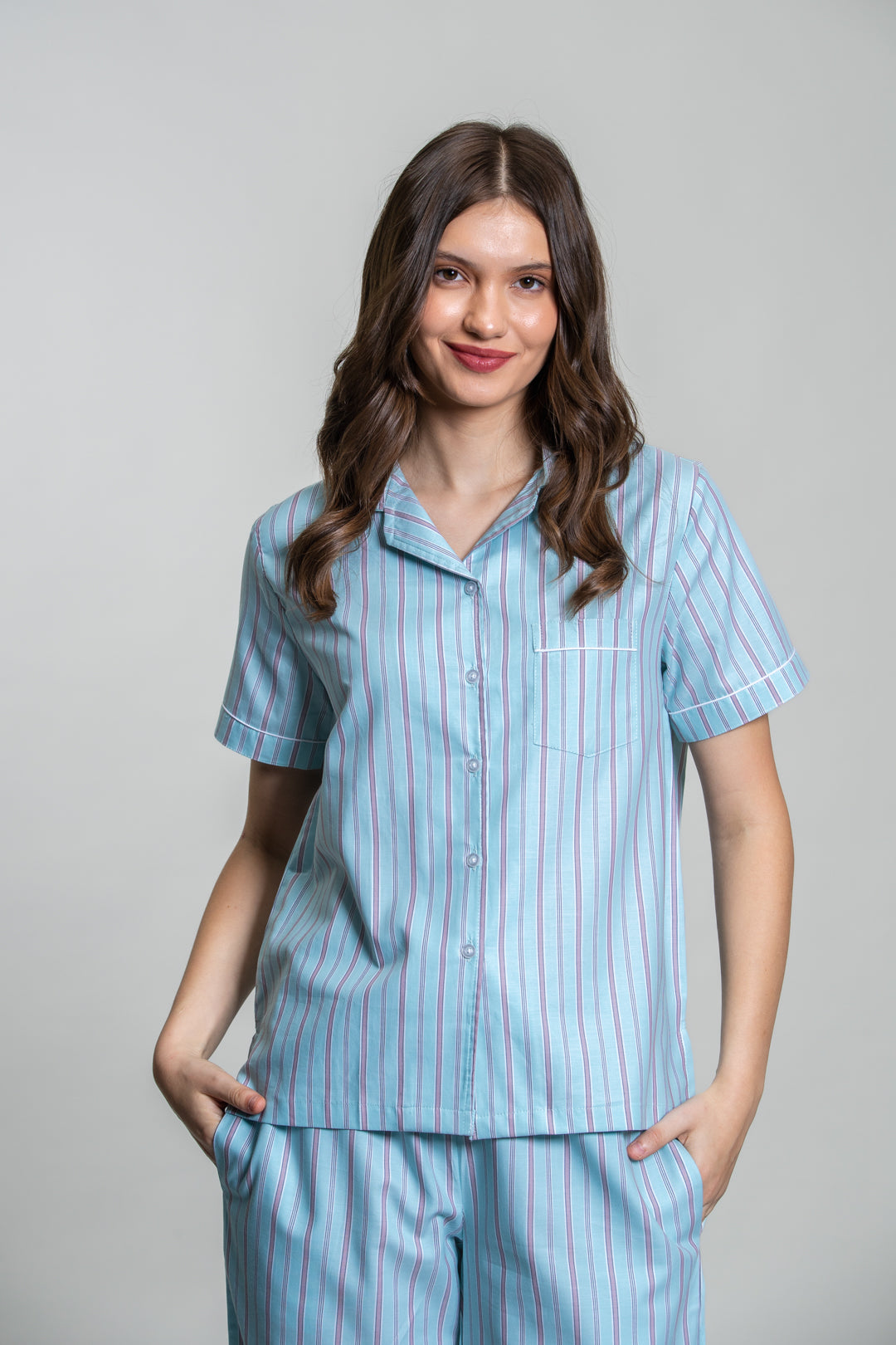 Tiffany Blue Twill Stripe Cotton Women's Pajama Set- Half Sleeves