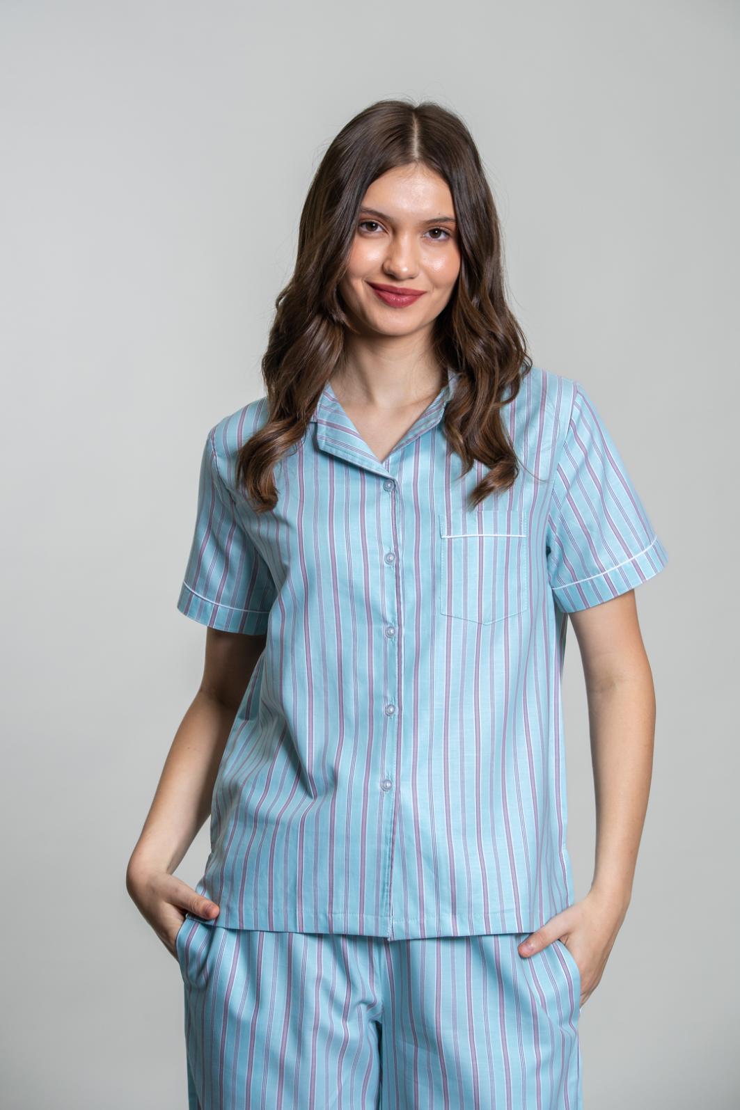Tiffany Blue Twill Stripe Cotton Women's Pajama Set- Half Sleeves