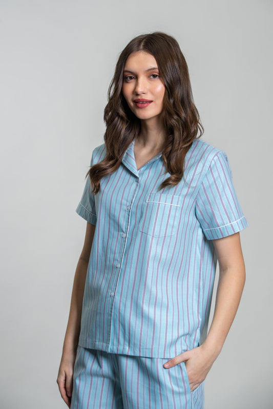 Tiffany Blue Twill Stripe Cotton Women's Shorts Set- Half Sleeves