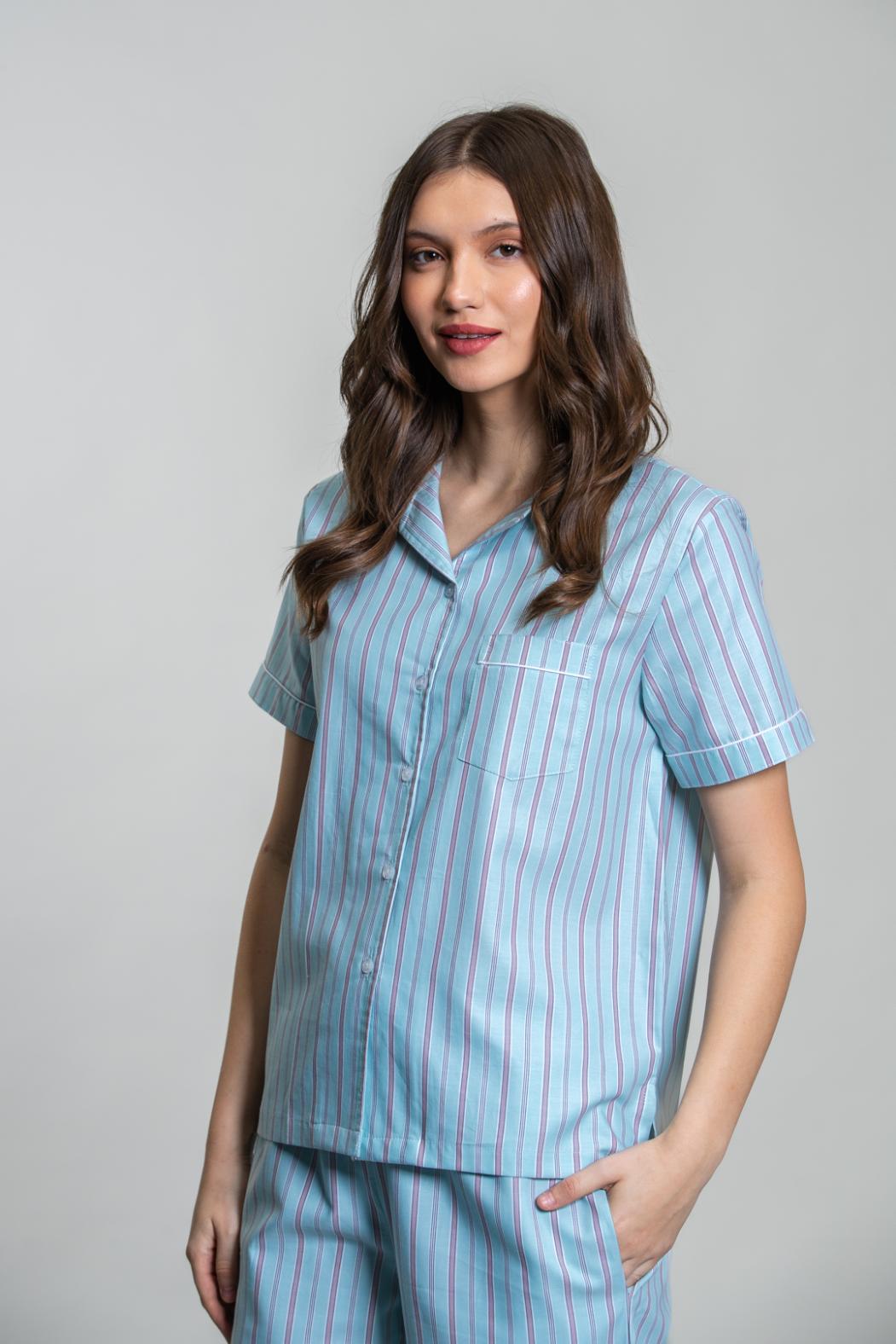 Tiffany Blue Twill Stripe Cotton Women's Pajama Set- Half Sleeves