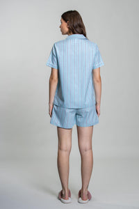 Tiffany Blue Twill Stripe Cotton Women's Shorts Set- Half Sleeves