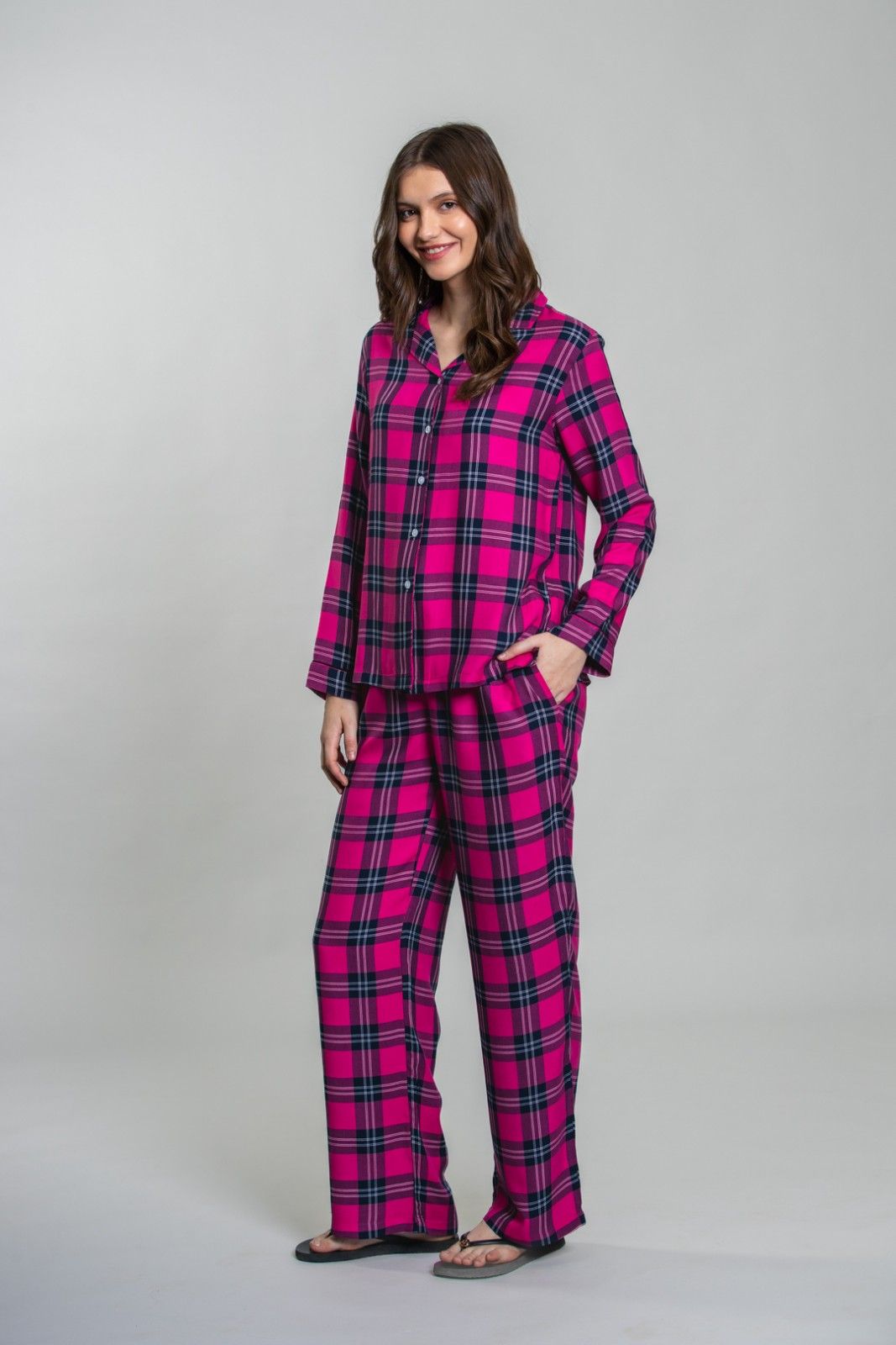 Hot Pink Plaid Cotton Blend Women's Curve Pajama Set- Full Sleeves