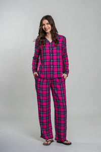 Hot Pink Plaid Cotton Blend Women's Pajama Set- Full Sleeves