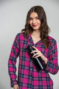 Hot Pink Plaid Cotton Blend Women's Pajama Set- Full Sleeves