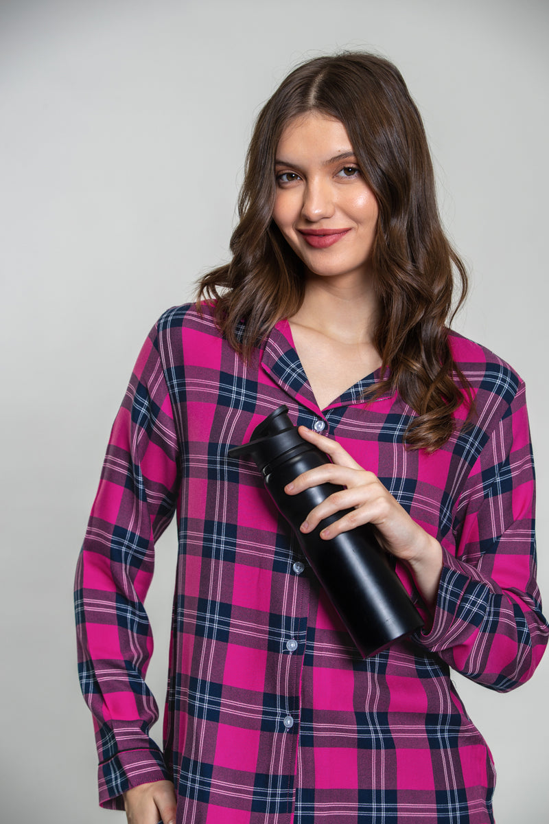 Hot Pink Plaid Cotton Blend Women's Pajama Set- Full Sleeves