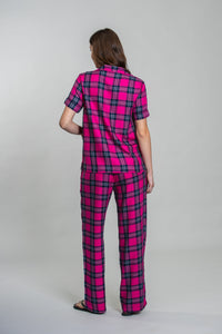 Hot Pink Plaid Cotton Blend Women's Pajama Set- Full Sleeves