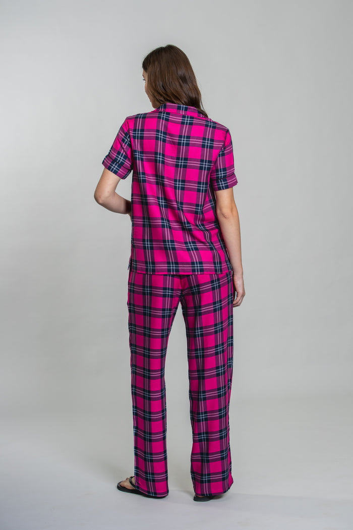 Hot Pink Plaid Cotton Blend Women's Pajama Set- Full Sleeves