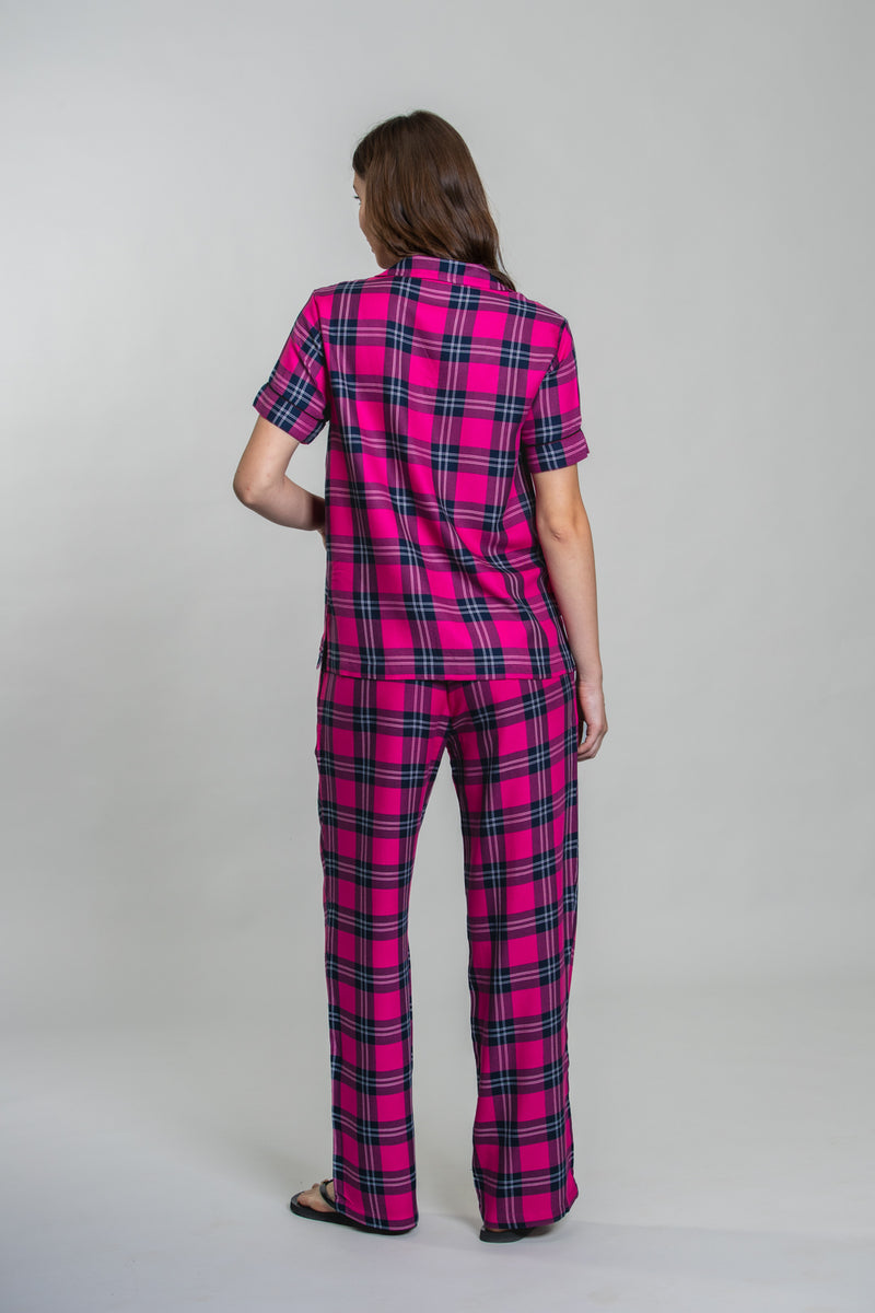 Hot Pink Plaid Cotton Blend Women's Pajama Set- Full Sleeves