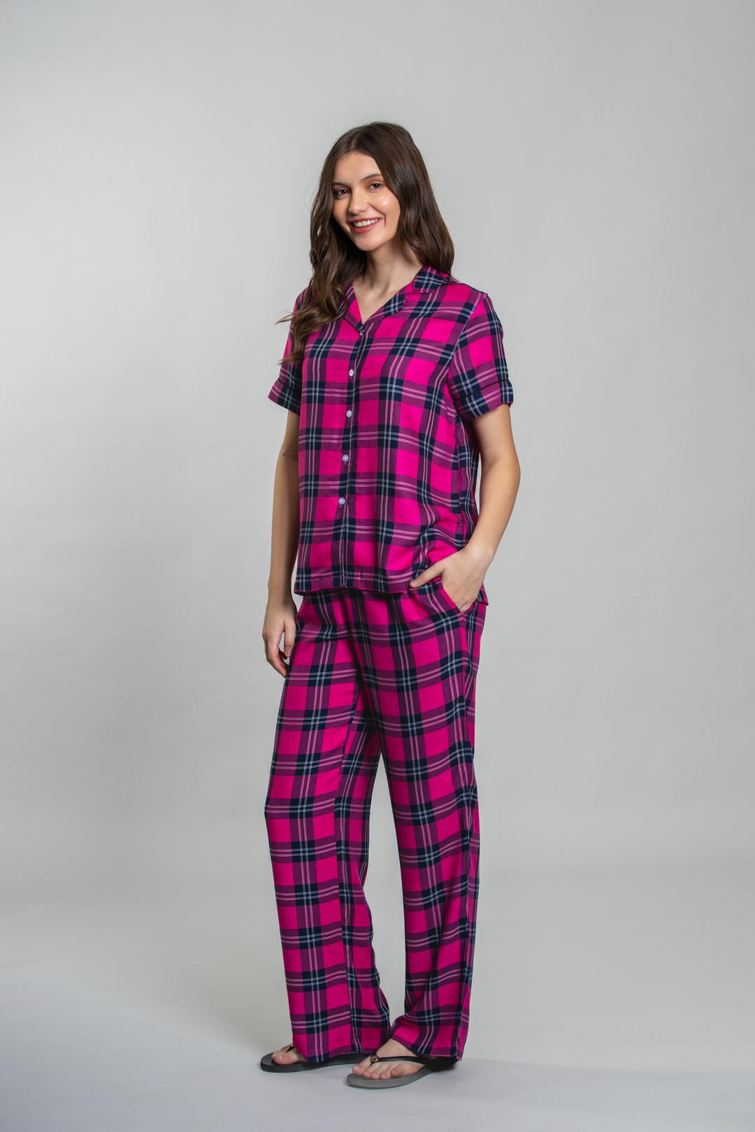 Hot Pink Plaid Cotton Blend Women's Pajama Set- Half Sleeves