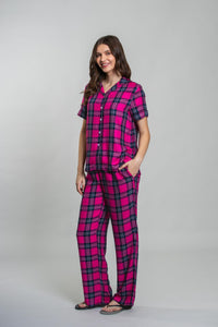 Hot Pink Plaid Cotton Blend Women's Pajama Set- Half Sleeves