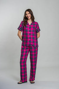Hot Pink Plaid Cotton Blend Women's Pajama Set- Half Sleeves