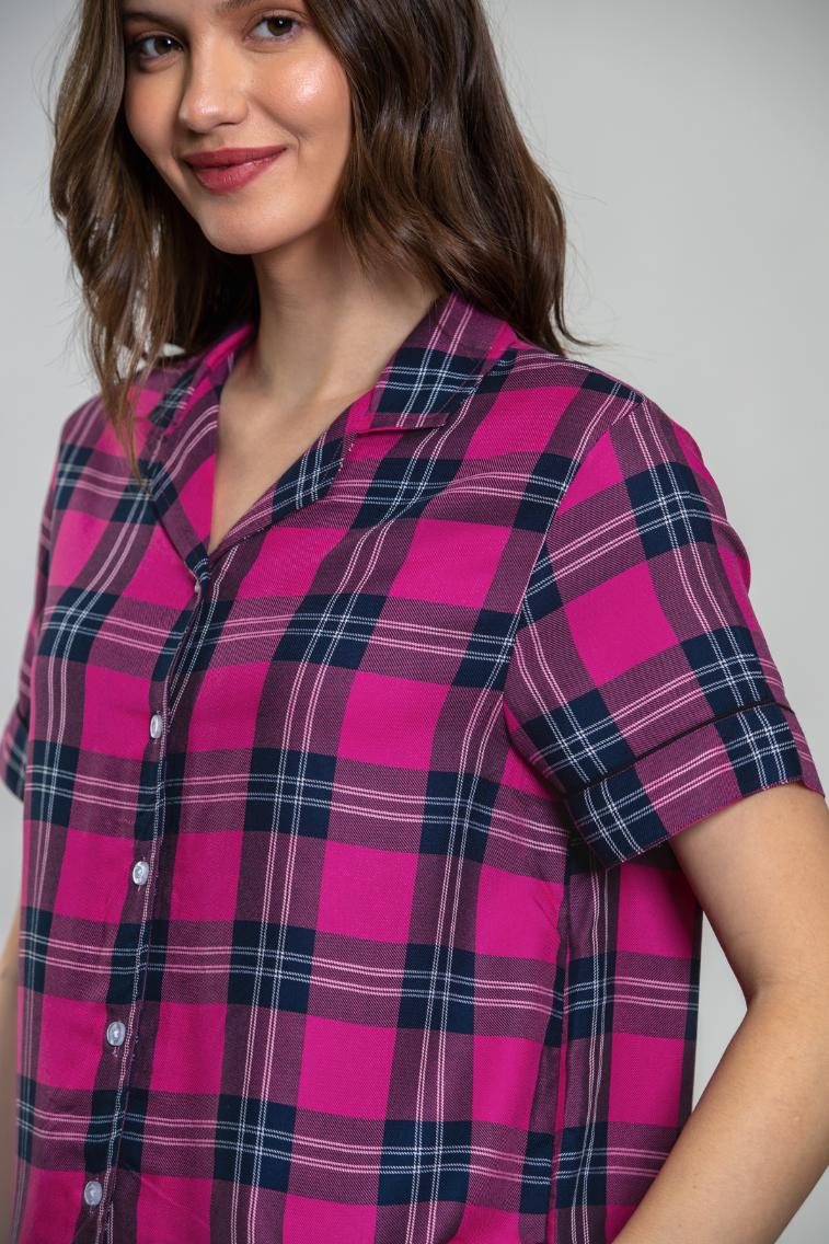 Hot Pink Plaid Cotton Blend Women's Pajama Set- Half Sleeves