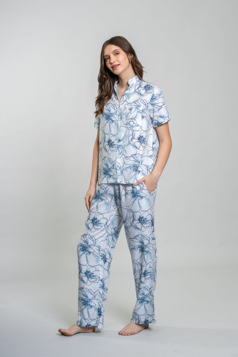 Grace White Floral Women's Pajama Set- Half sleeves