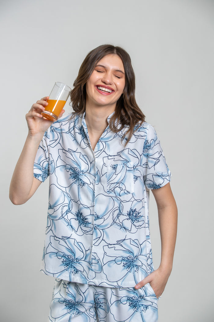 Grace White Floral Women's Pajama Set- Half sleeves