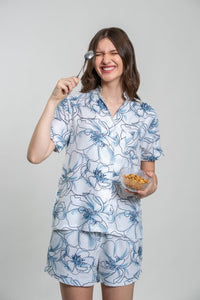 Grace White Floral Printed Viscose Twill Women's Shorts Set - Half Sleeves