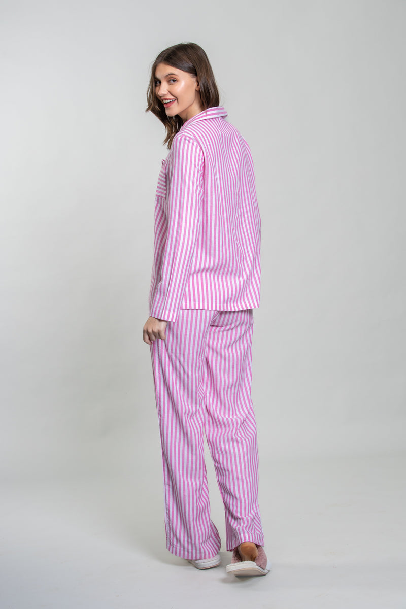 Mila Pink Stripe Cotton Women's Pajama Set - Full Sleeves