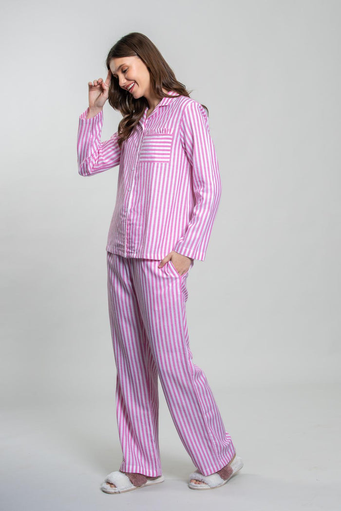 Mila Pink Stripe Cotton Women's Pajama Set - Full Sleeves