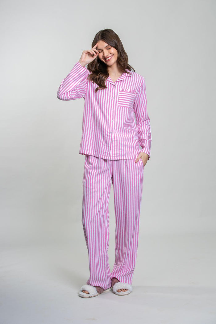Mila Pink Stripe Cotton Women's Pajama Set - Full Sleeves