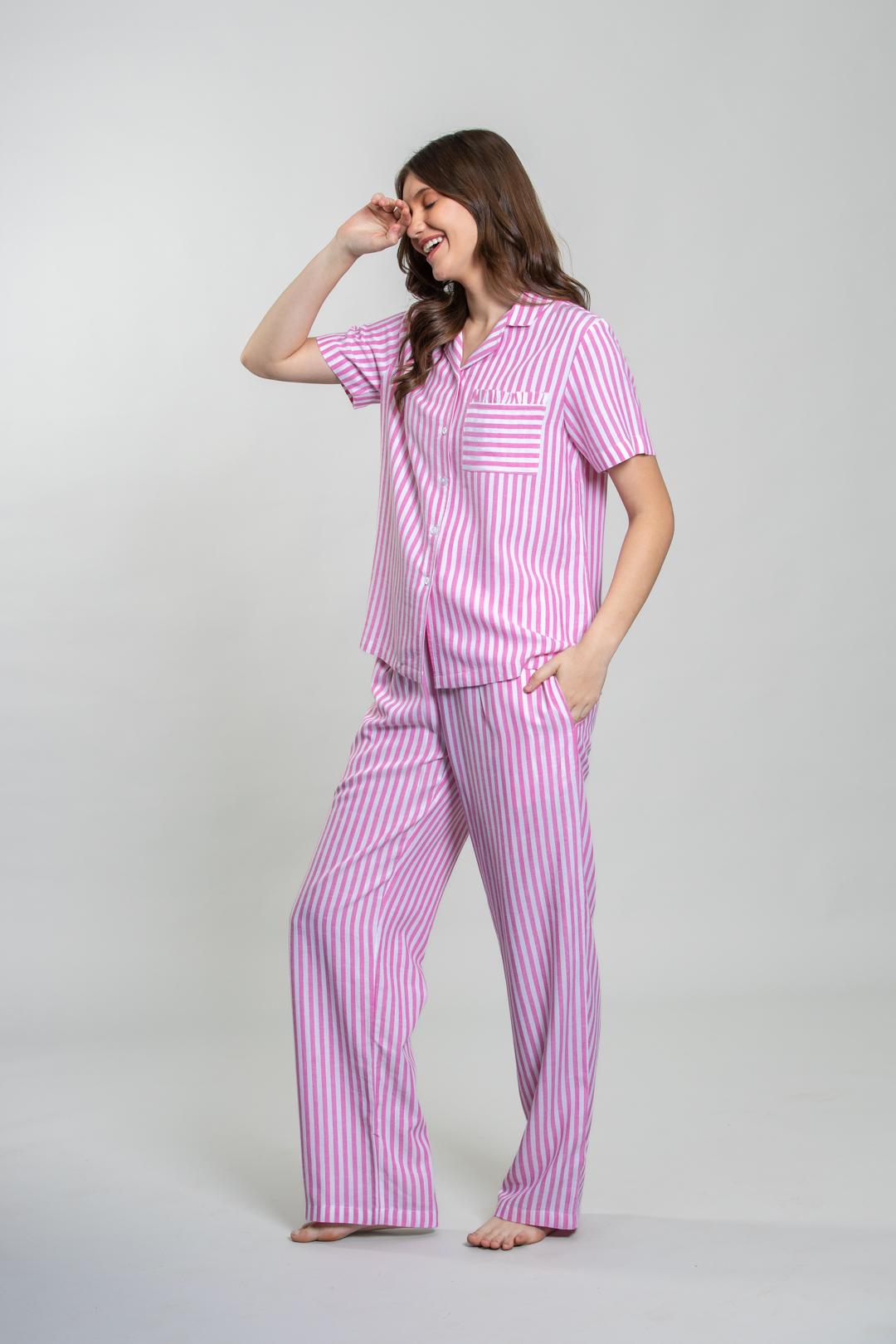 Mila Pink Stripe Cotton Women's Pajama Set- Half Sleeves
