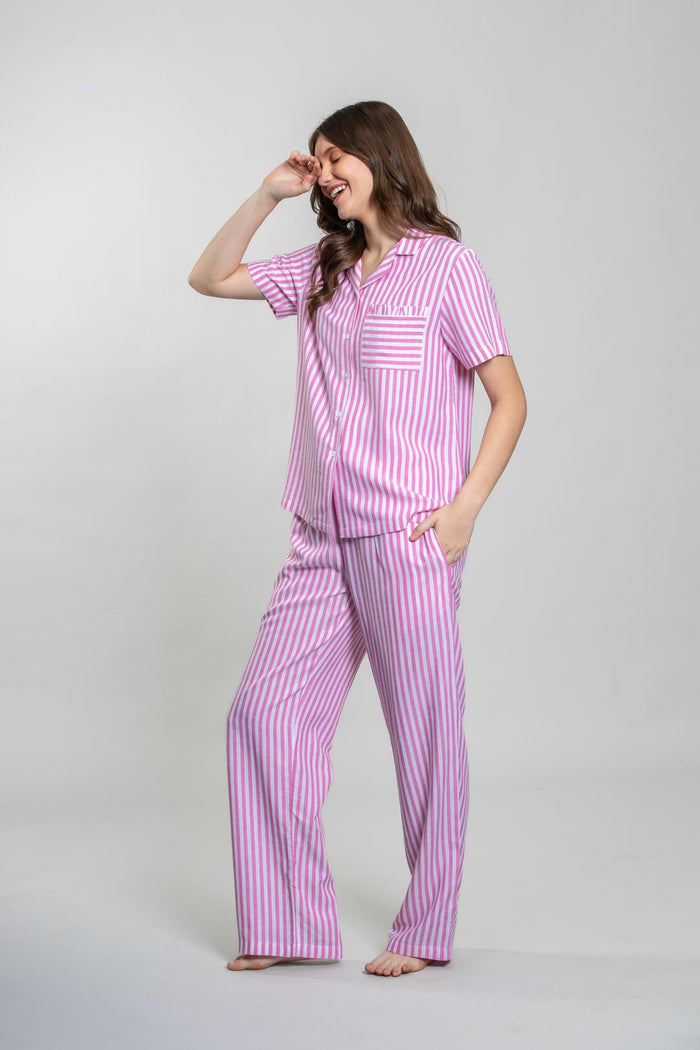 Mila Pink Stripe Cotton Women's Pajama Set- Half Sleeves