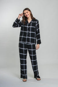 Clara Black Check Cotton Blend Women's Pajama Set- Full Sleeves