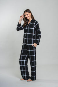 Clara Black Check Cotton Blend Women's Pajama Set- Full Sleeves