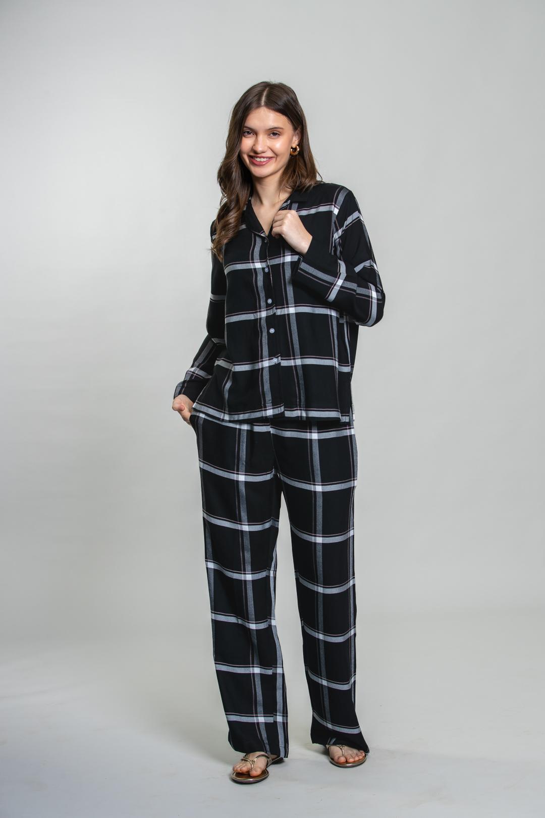 Clara Black Check Cotton Blend Women's Pajama Set- Full Sleeves
