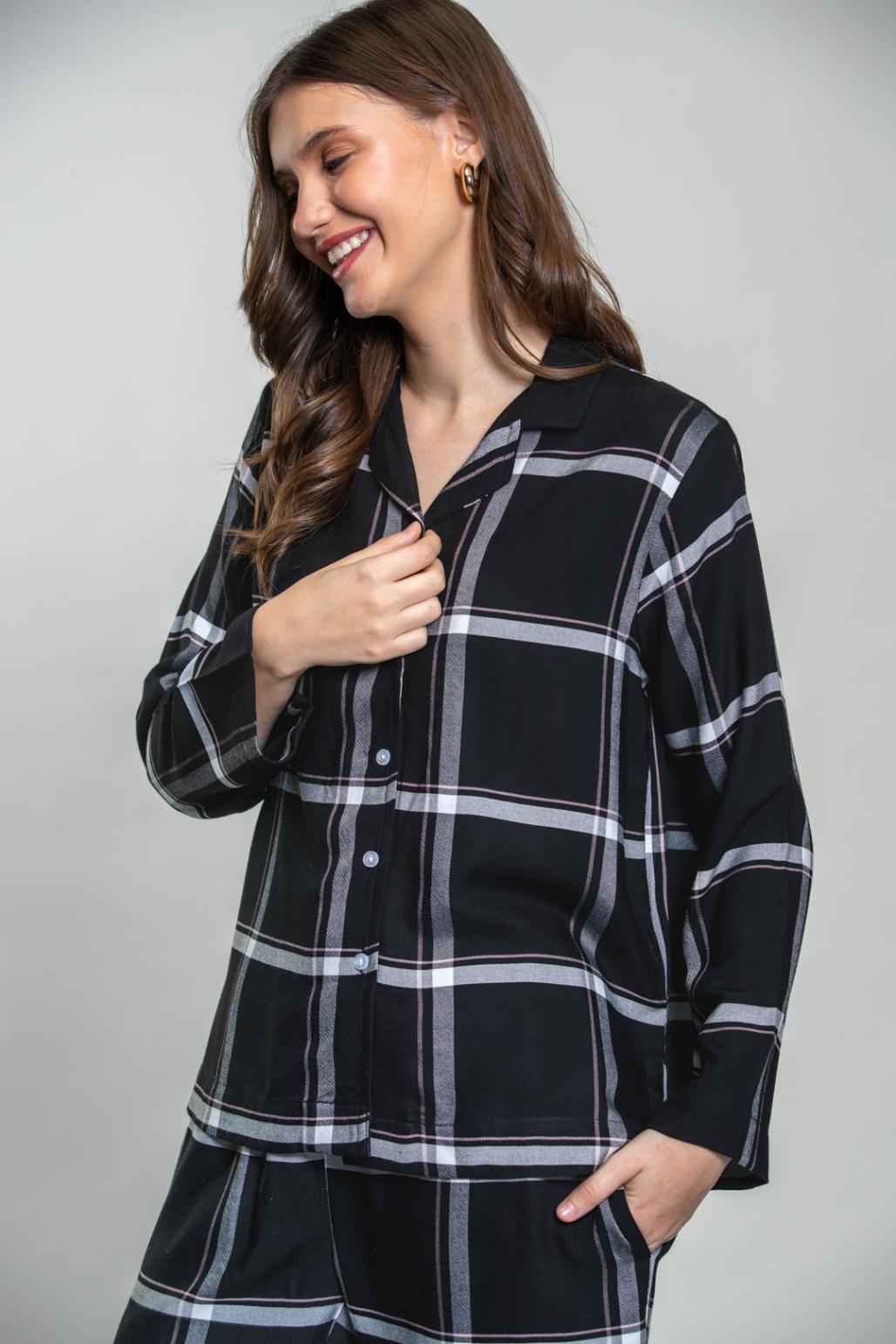 Clara Black Check Cotton Blend Women's Pajama Set- Full Sleeves