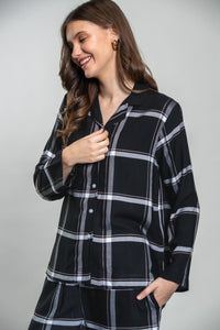 Clara Black Check Cotton Blend Women's Pajama Set- Full Sleeves