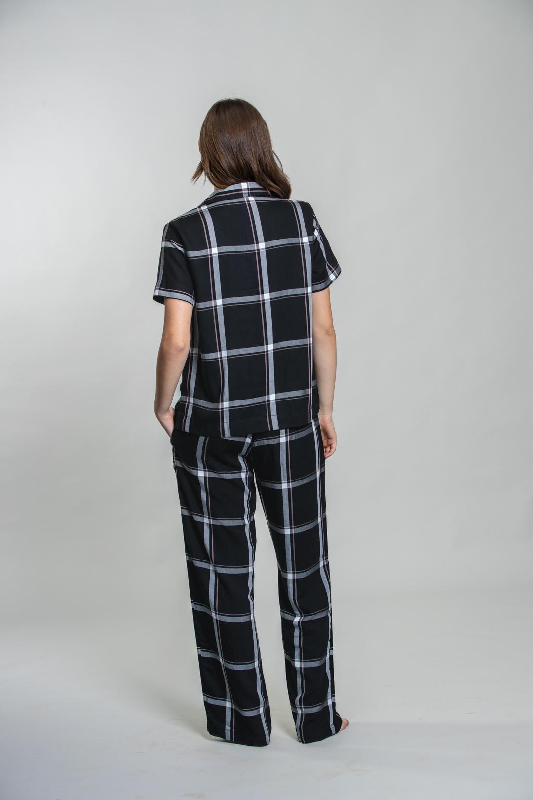 Clara Black Check Cotton Blend Women's Pajama Set- Half Sleeves