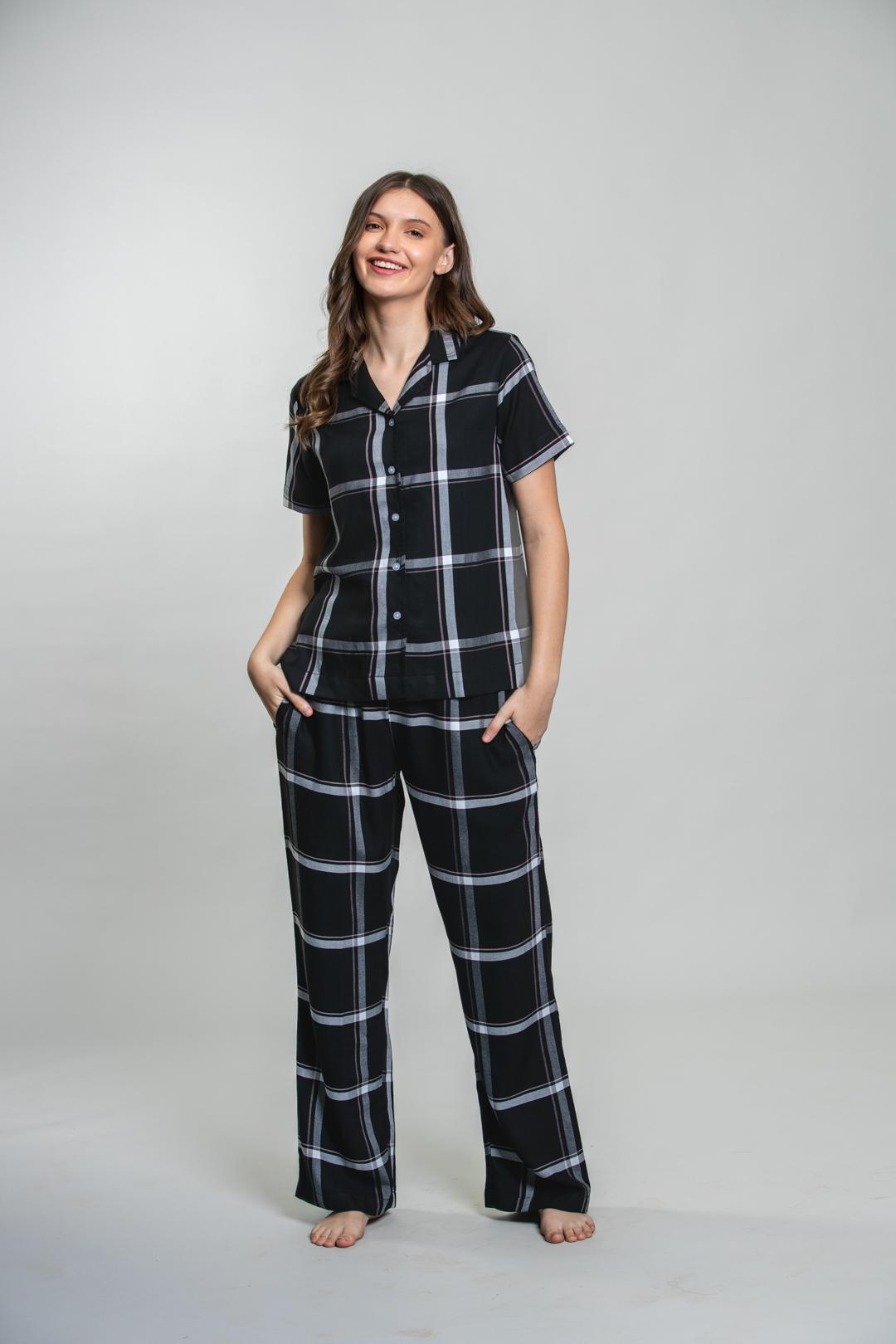 Clara Black Check Cotton Blend Women's Pajama Set- Half Sleeves