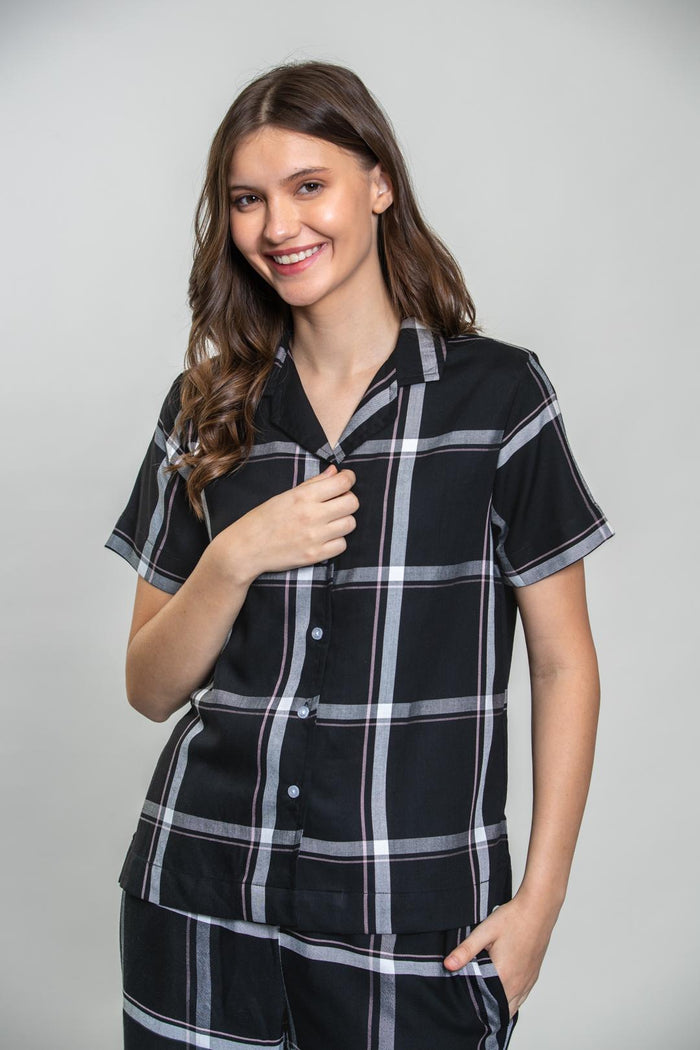 Clara Black Check Cotton Blend Women's Pajama Set- Half Sleeves