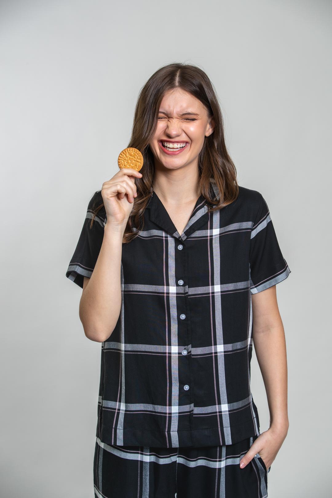 Clara Black Check Cotton Blend Women's Pajama Set- Half Sleeves