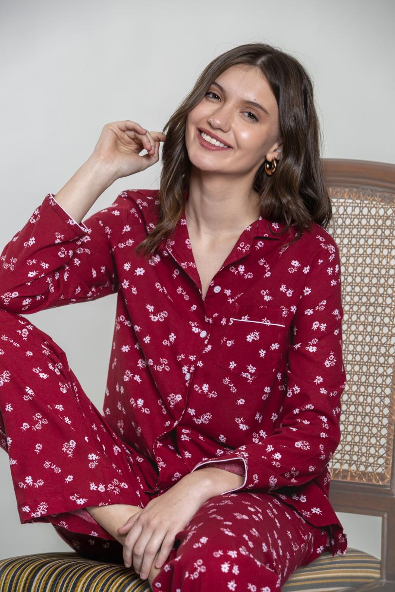 Daphne Ditsy Printed Cotton Blend Women's Pajama Set- Full Sleeves